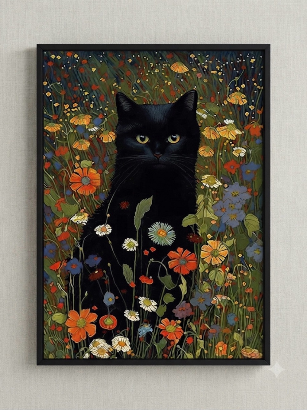 Black Cat Floral Framed 8x10 Art Print